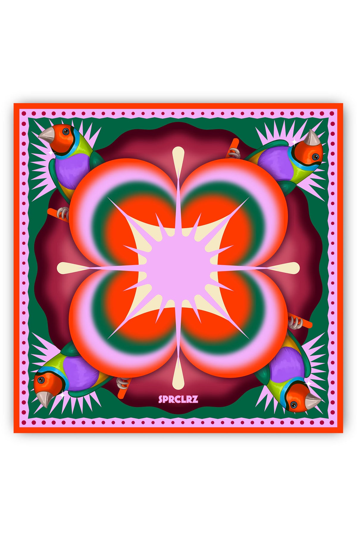 Burst Silk Scarf with Finch in Red & Purple
