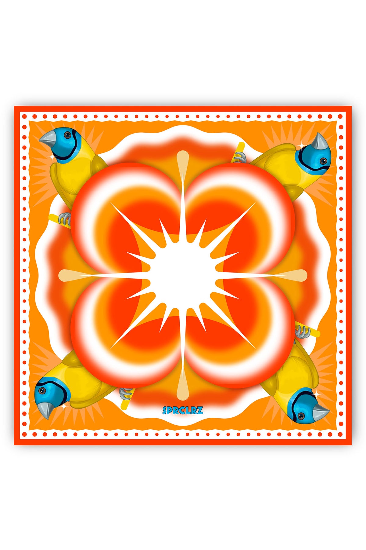 Burst Silk Scarf with Finch in Orange & White
