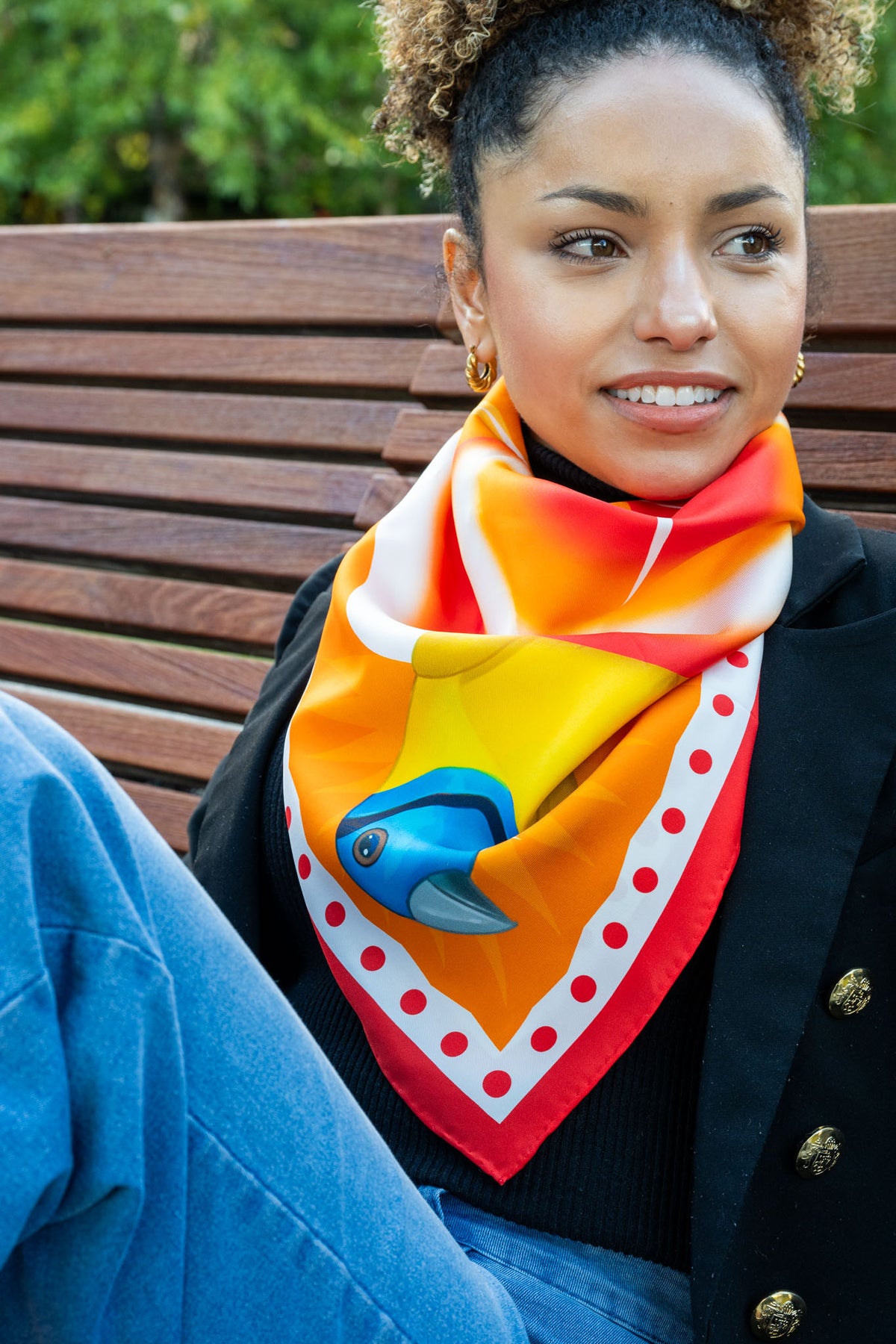 Burst Silk Scarf with Finch in Orange & White