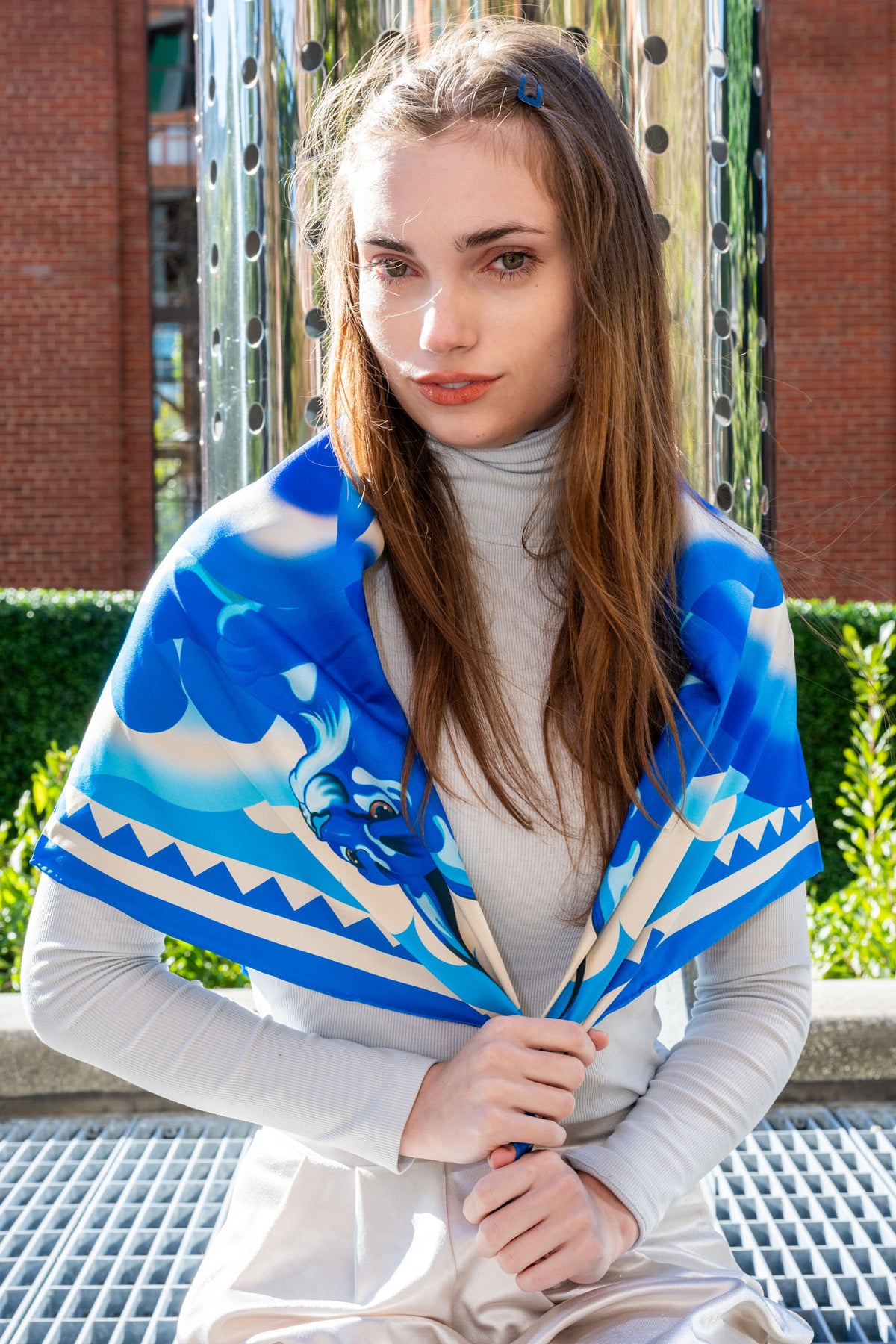 Orbit Silk Scarf with Caracal in Blue