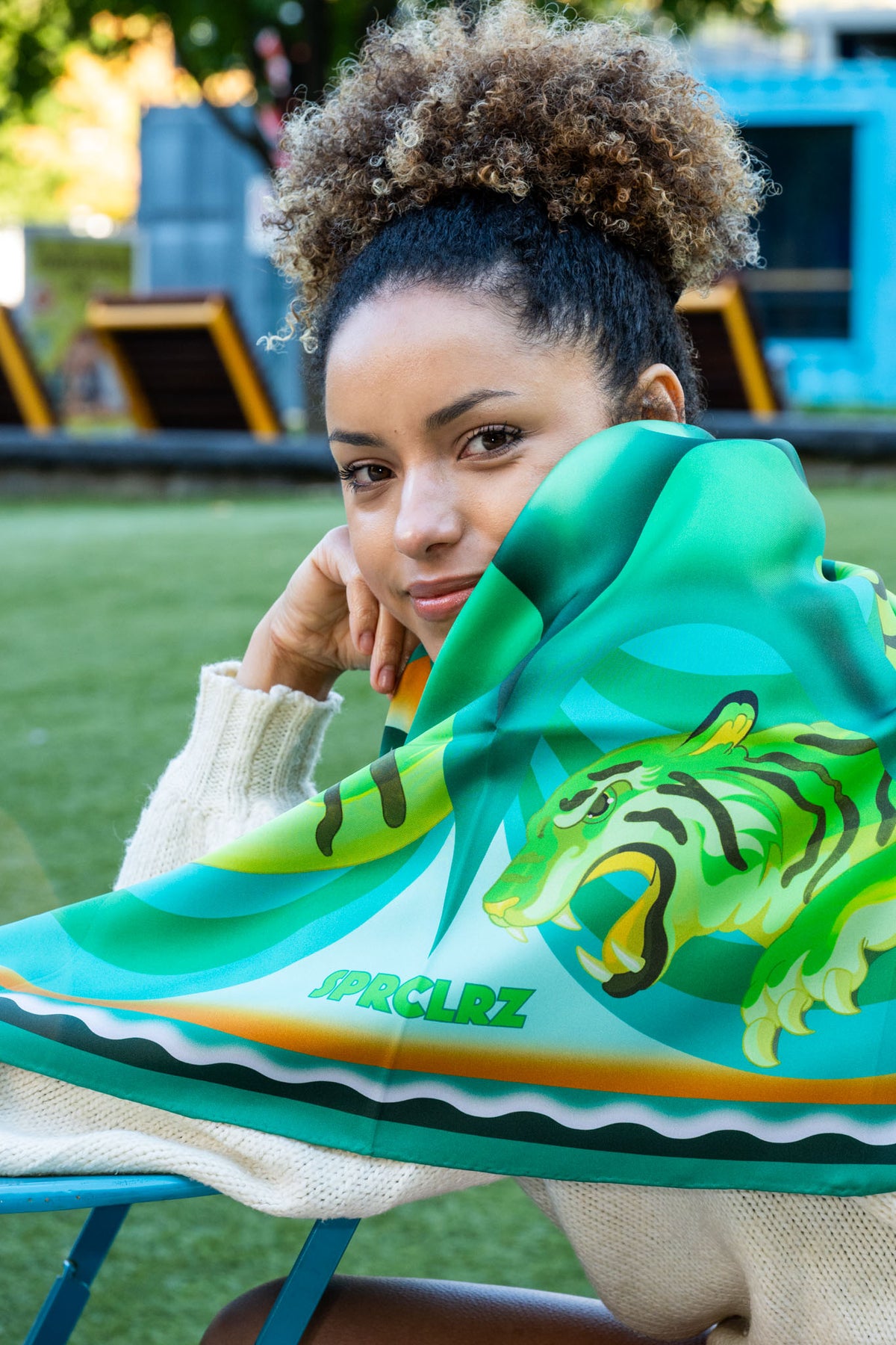 Pulse Silk Scarf with Tiger in Green