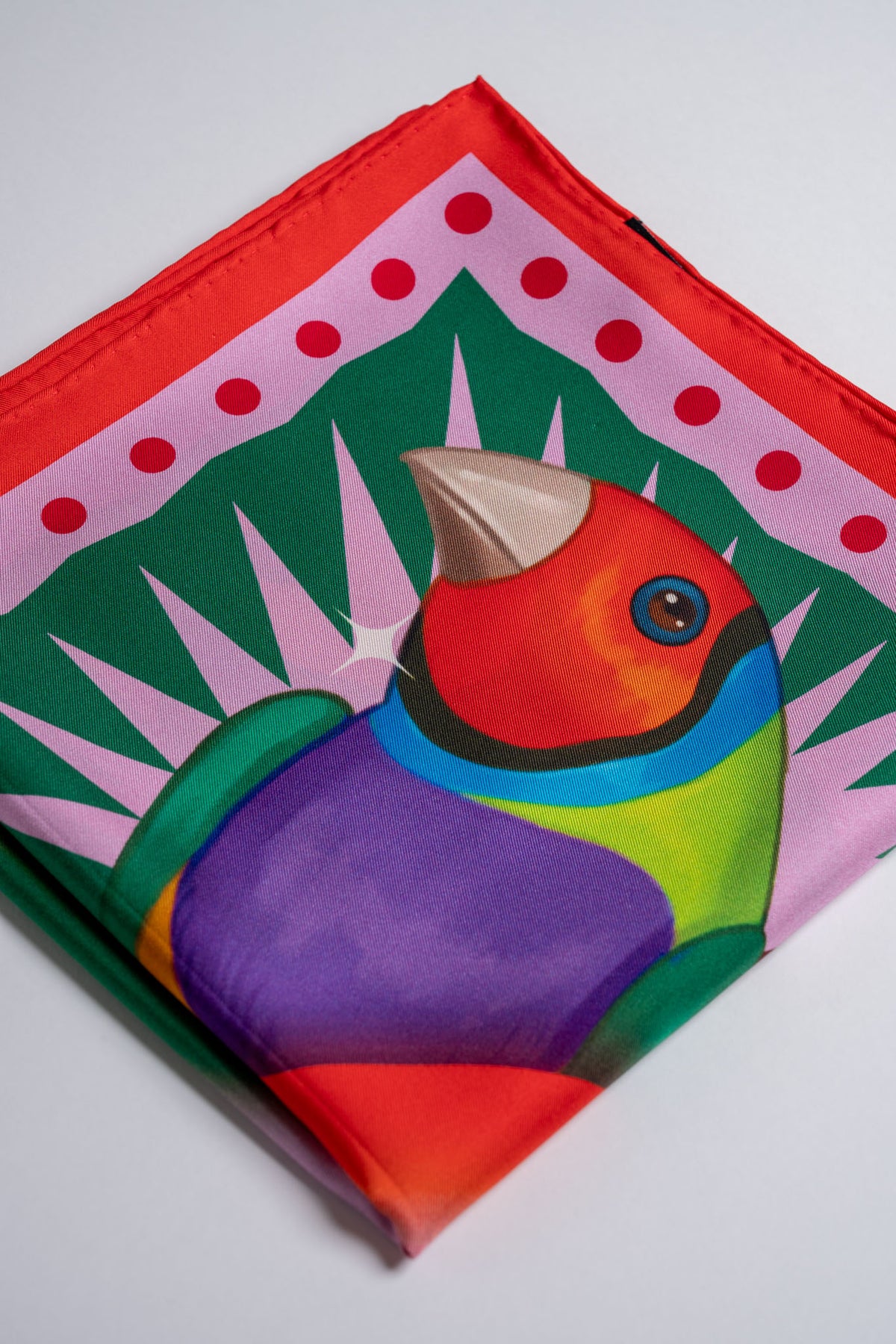 Burst Silk Scarf with Finch in Red & Purple
