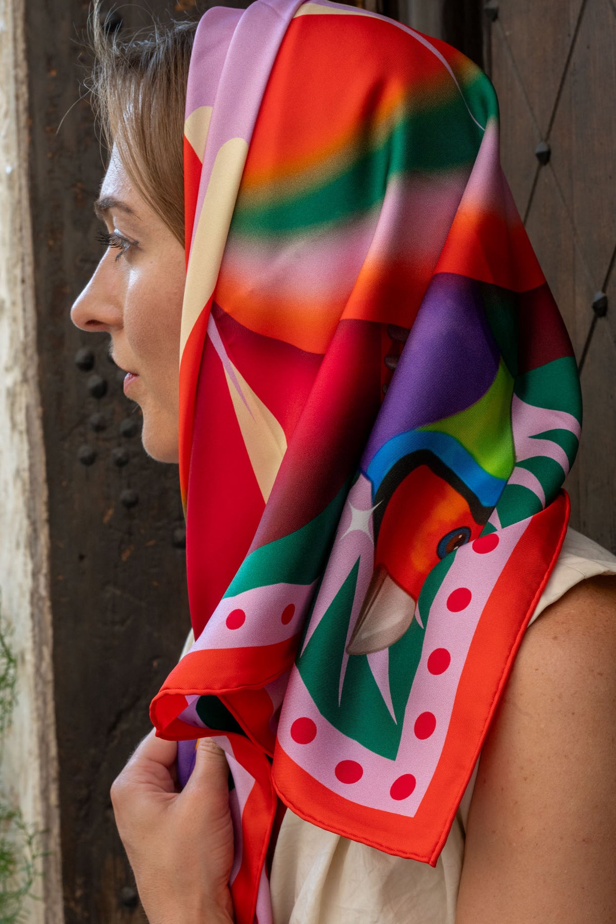 Burst Silk Scarf with Finch in Red & Purple