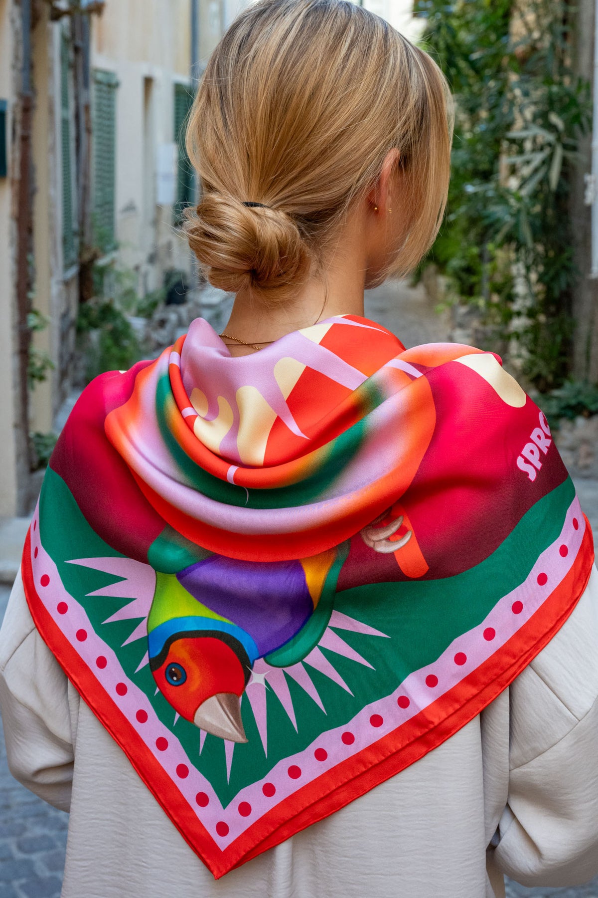 Burst Silk Scarf with Finch in Red & Purple