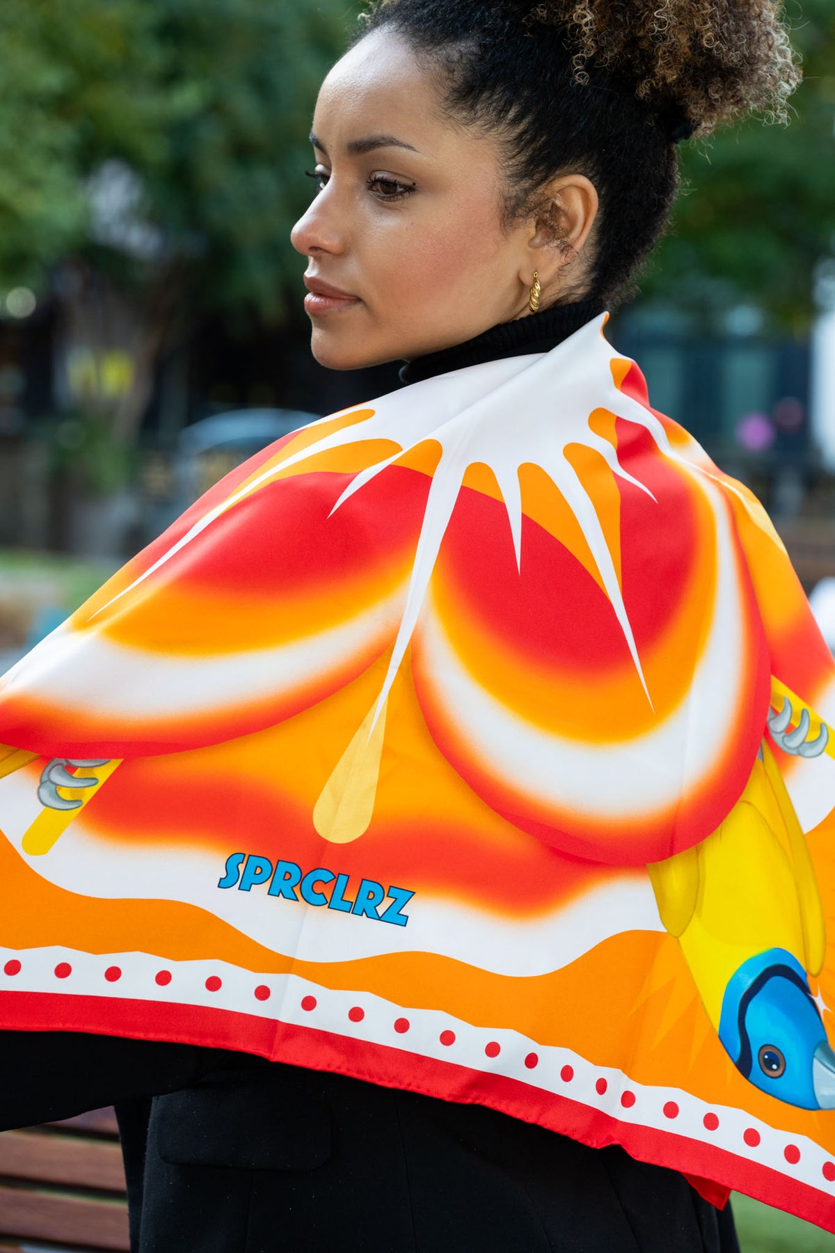 Burst Silk Scarf with Finch in Orange & White