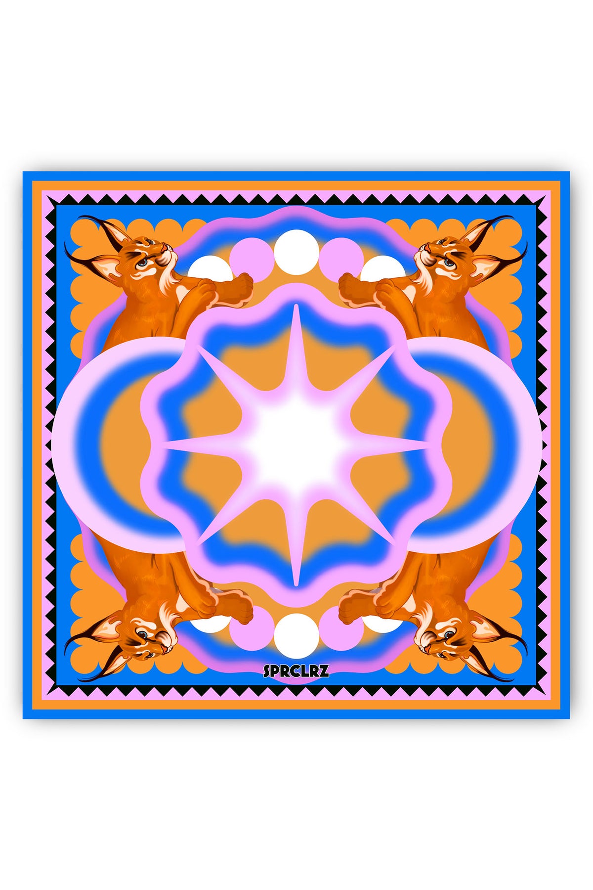 Orbit Silk Scarf with Caracal in Tan & Blue