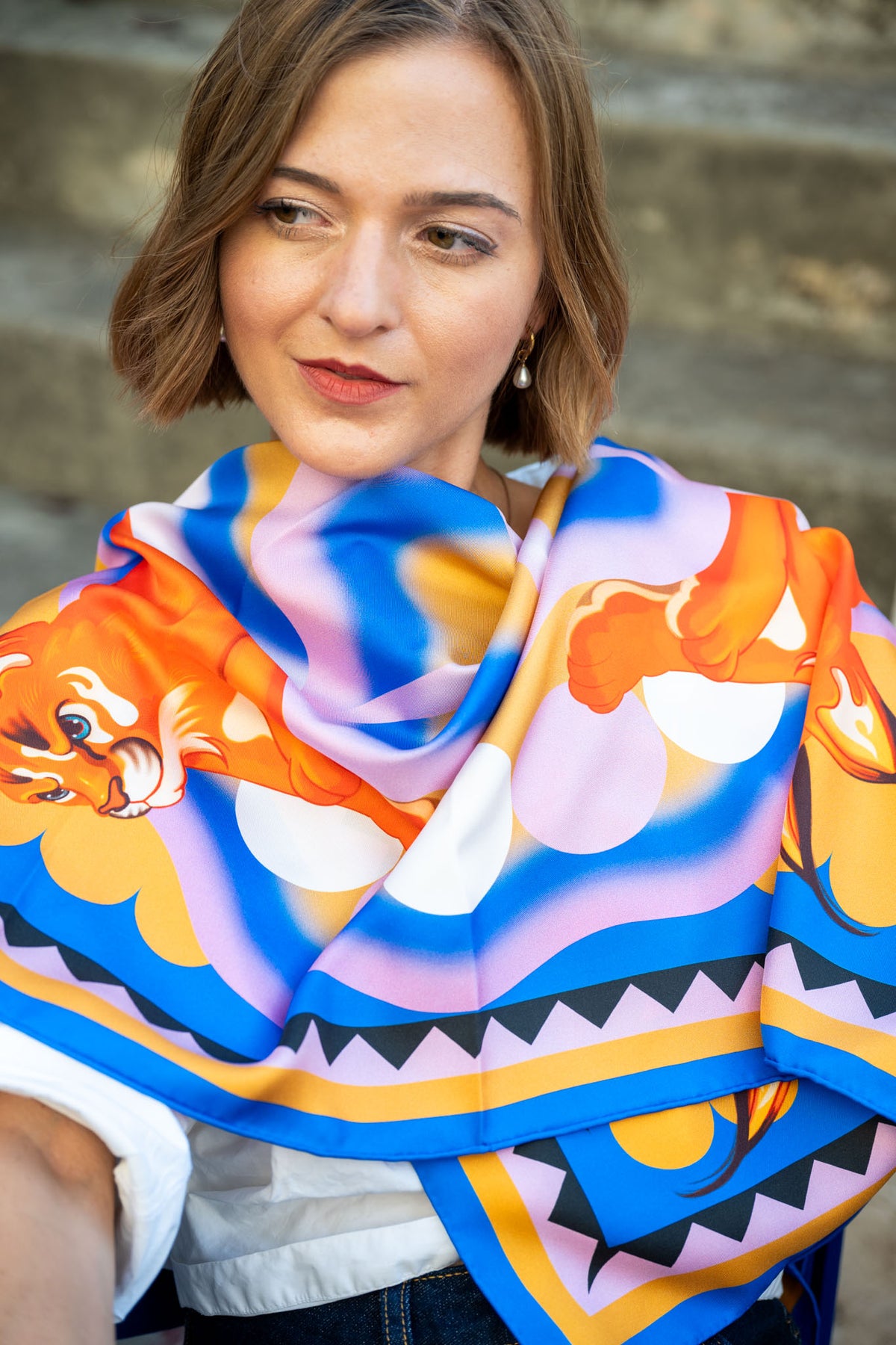 Orbit Silk Scarf with Caracal in Tan & Blue