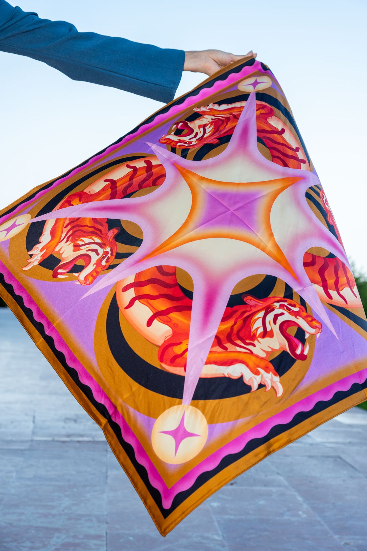 Pulse Silk Scarf with Tiger in Amber & Lavender