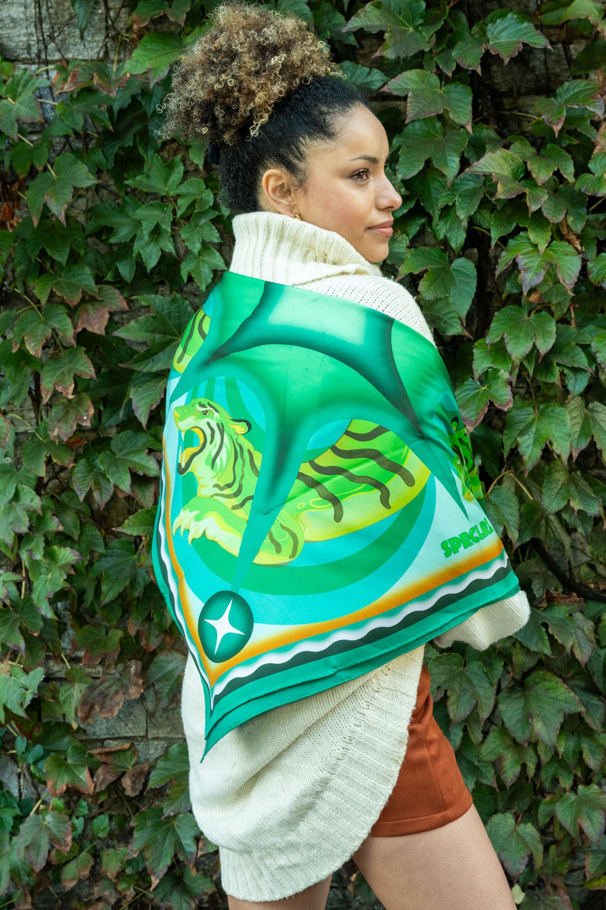 Pulse Silk Scarf with Tiger in Green