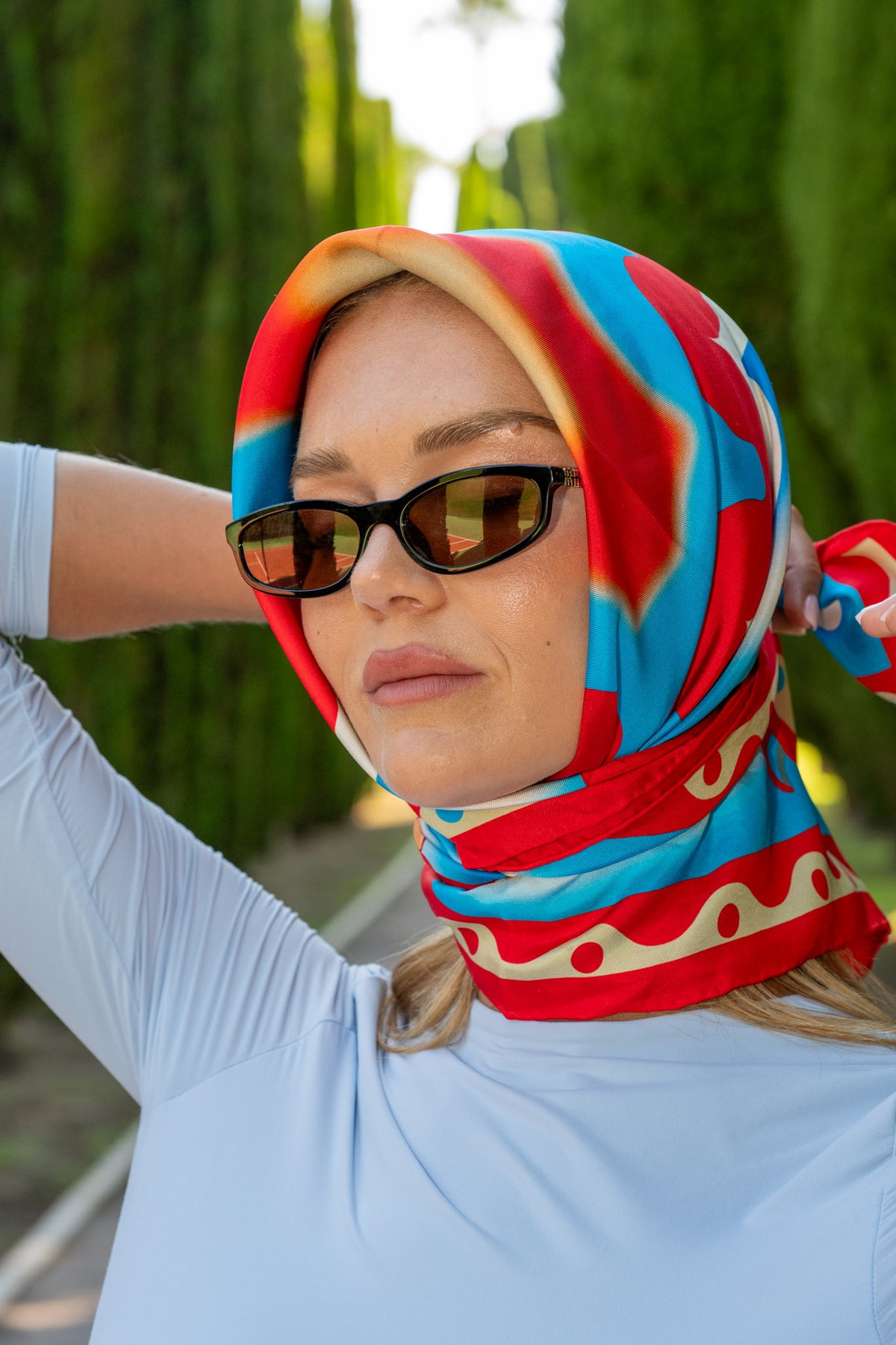 Ripple Silk Scarf with Koi Fish in Red & Blue
